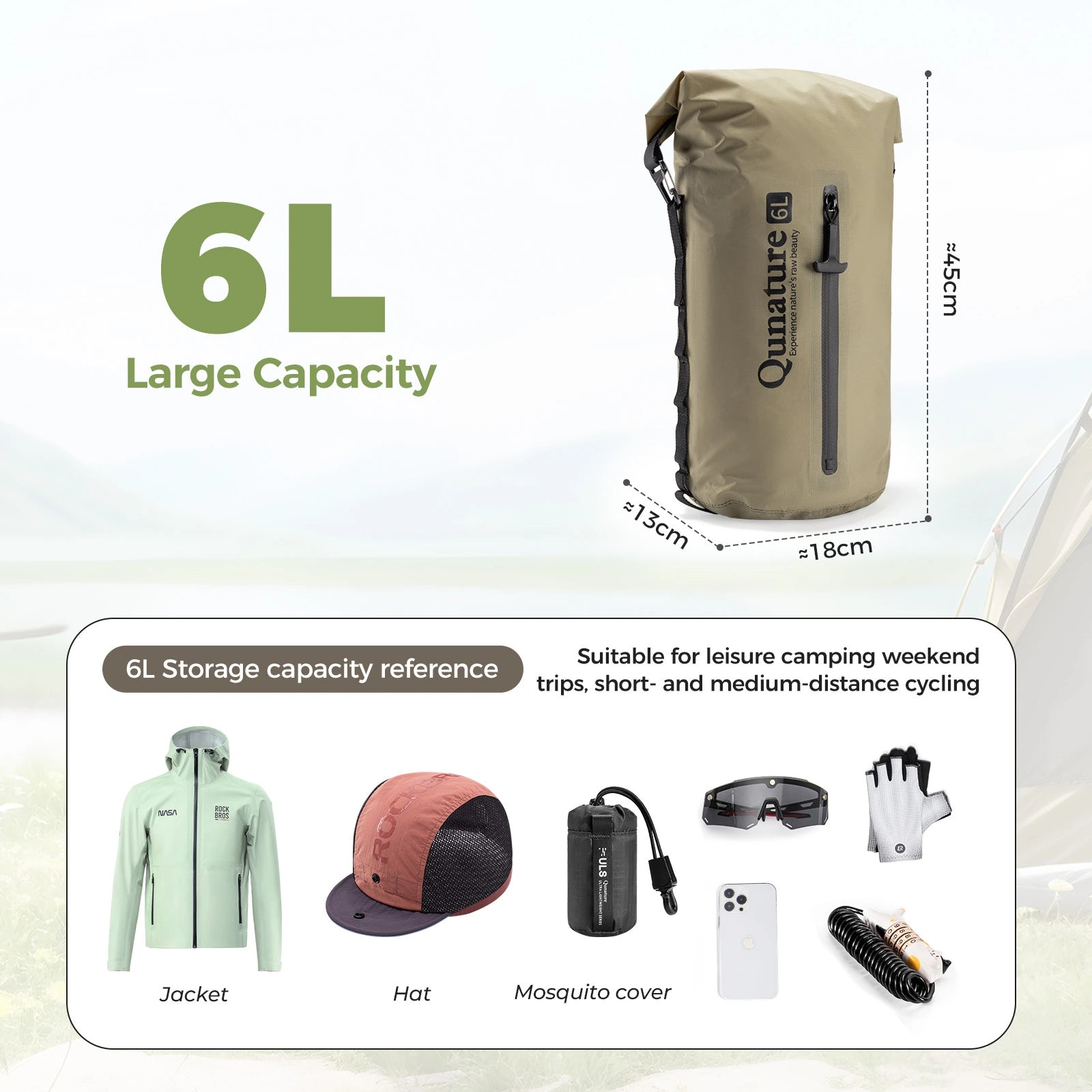 6L dry bag with capacity reference items on a light background