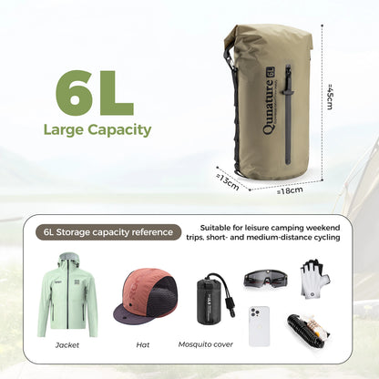 6L dry bag with capacity reference items on a light background