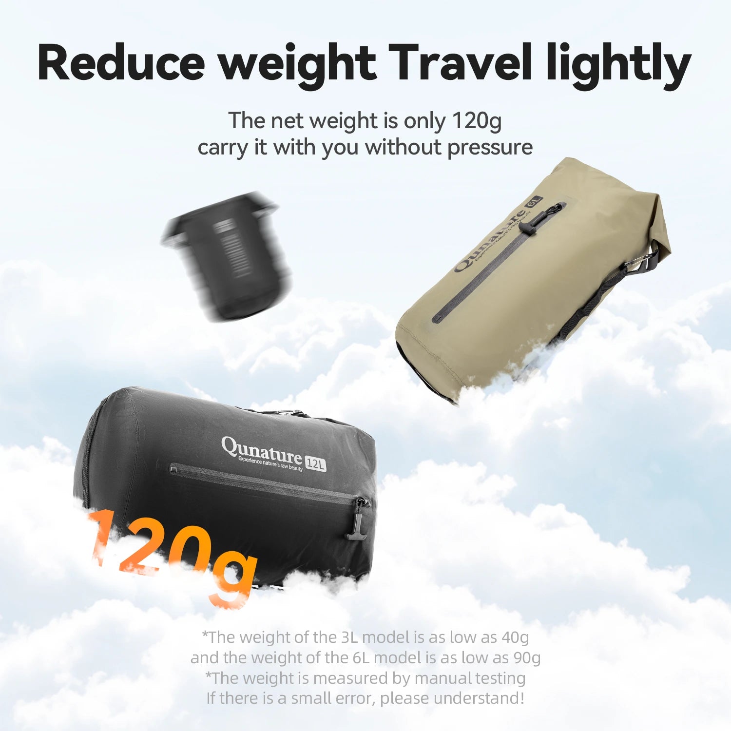 Lightweight travel bag with cloud background and text highlighting weight reduction.