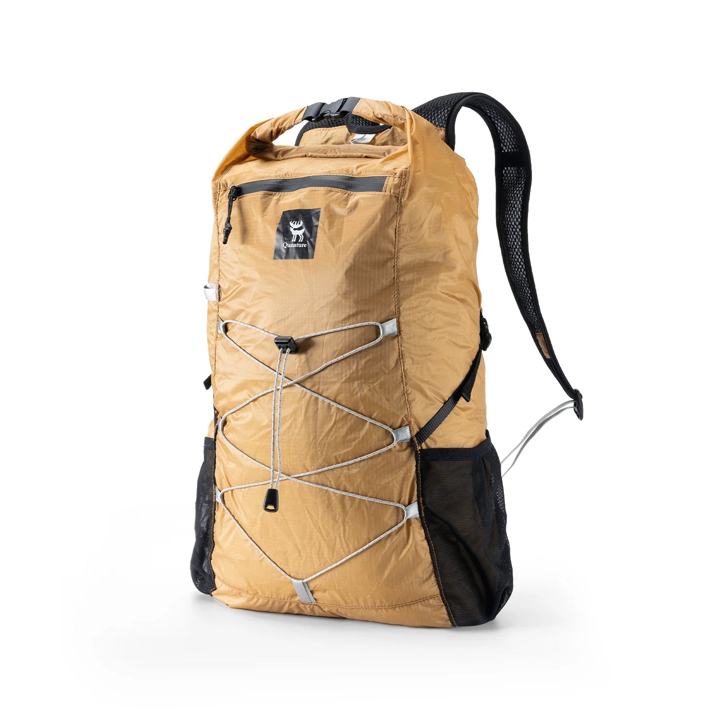 Khaki backpack with black straps on a white background
