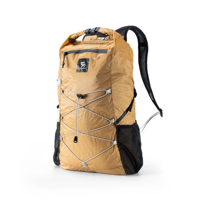 Khaki backpack with black straps on a white background