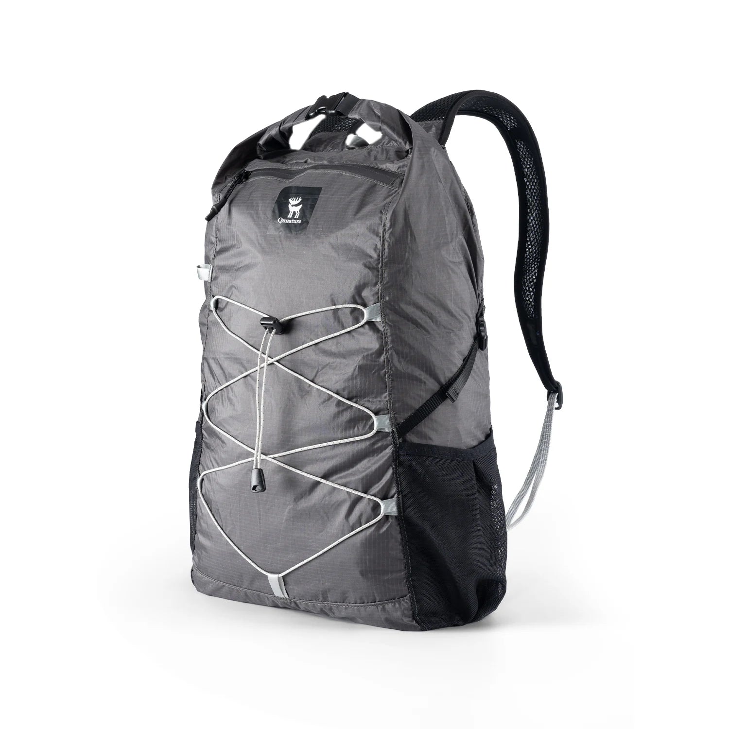 Black backpack with black accents on a white background