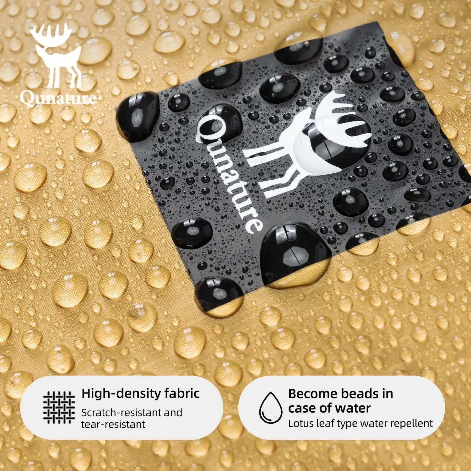 Black card with 'Qunature' logo on a gold background with water droplets