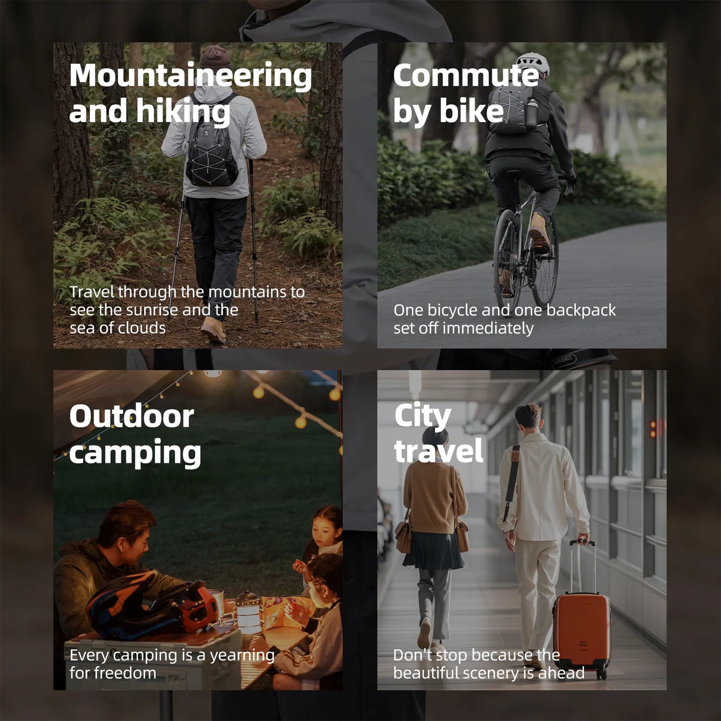 Four scenes depicting different travel activities: mountaineering, cycling, camping, and city travel.