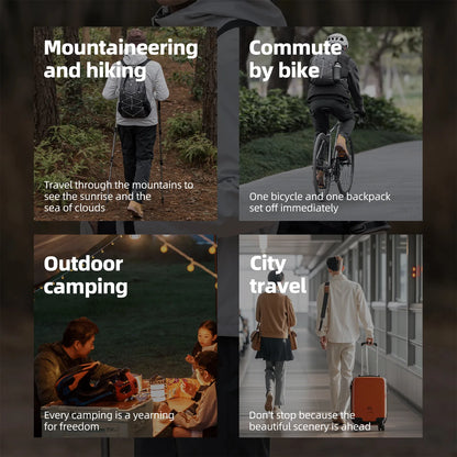 Four scenes depicting different travel activities: mountaineering, cycling, camping, and city travel.