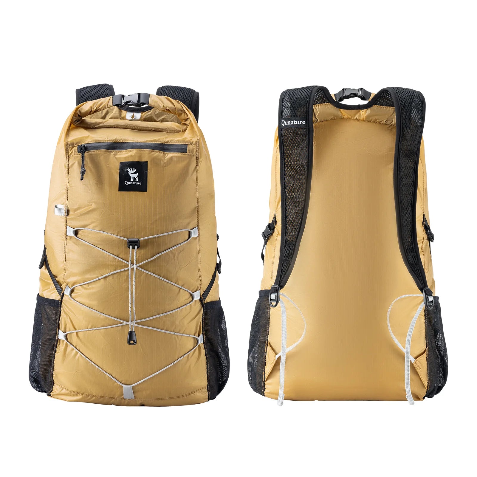 Gold backpack with black straps on a white background