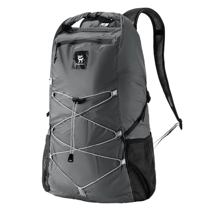Gray backpack with black straps on a white background