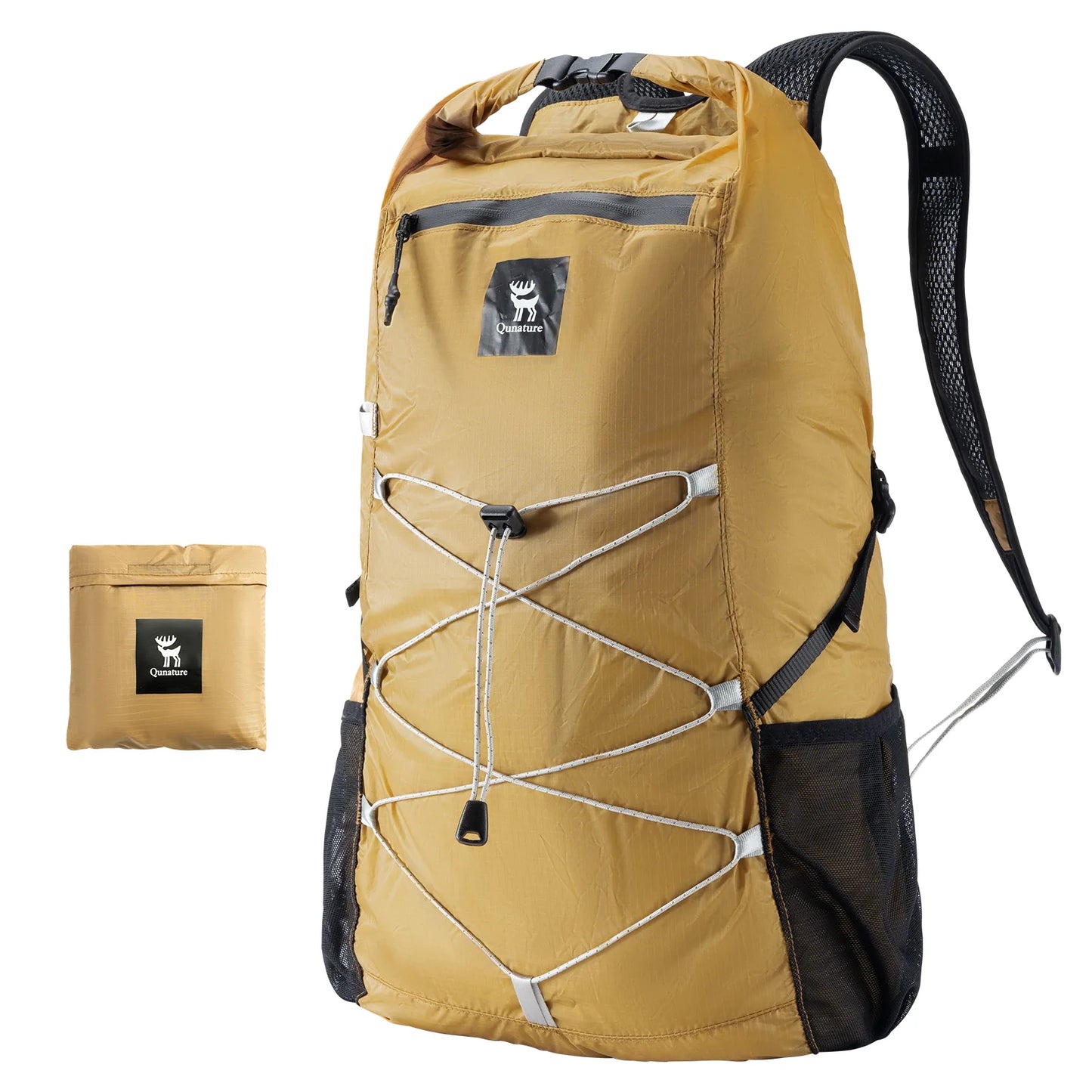 Yellow backpack with black accents and a small pouch on a white background