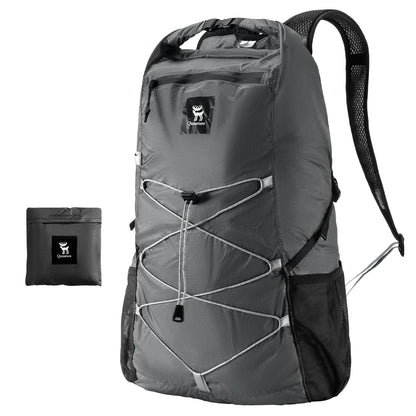 Gray backpack with a smaller black pack on a white background