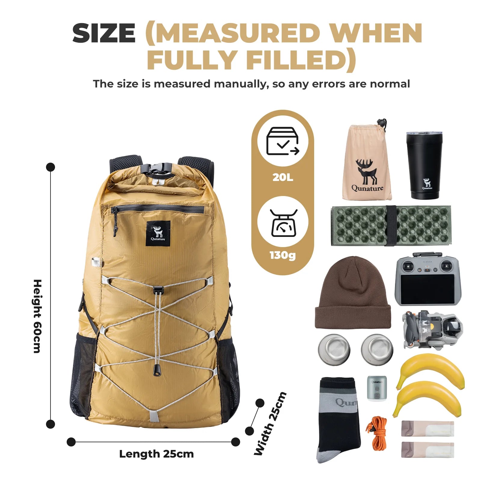 Beige backpack with dimensions and items displayed on a white background