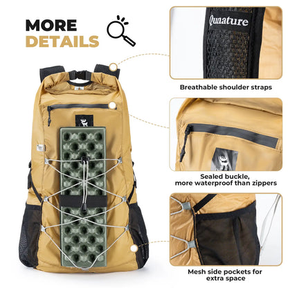 Beige backpack with black accents, featuring breathable shoulder straps, sealed buckle, and mesh side pockets on a white background.