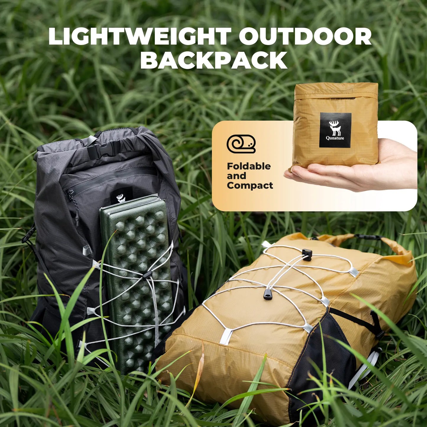 Lightweight outdoor backpack with a compact version shown, set against a grassy background.