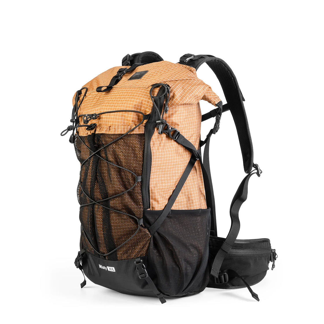 A khaki waterproof backpack with two mesh pockets on the side for hiking