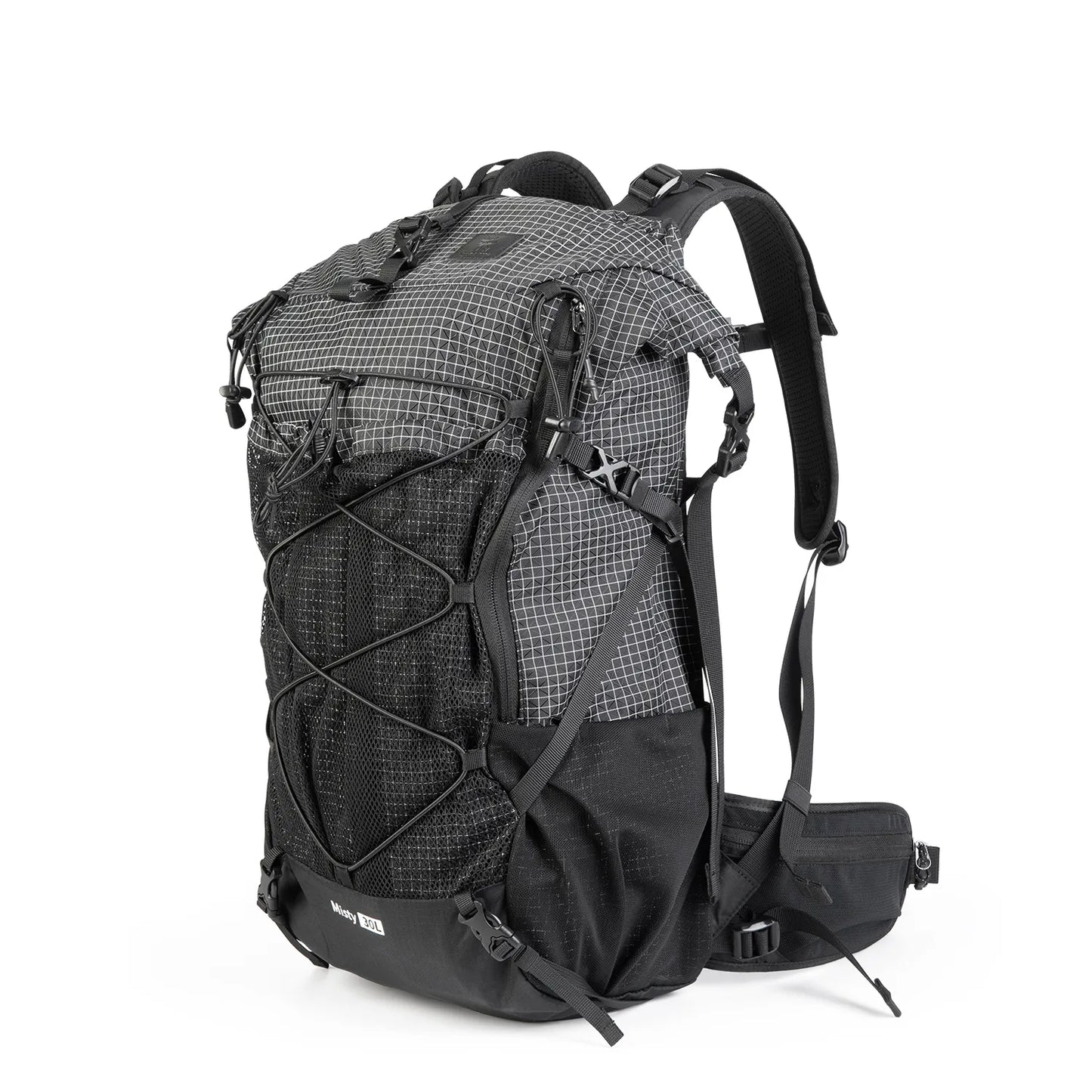 A black waterproof backpack with two mesh pockets on the side for hiking