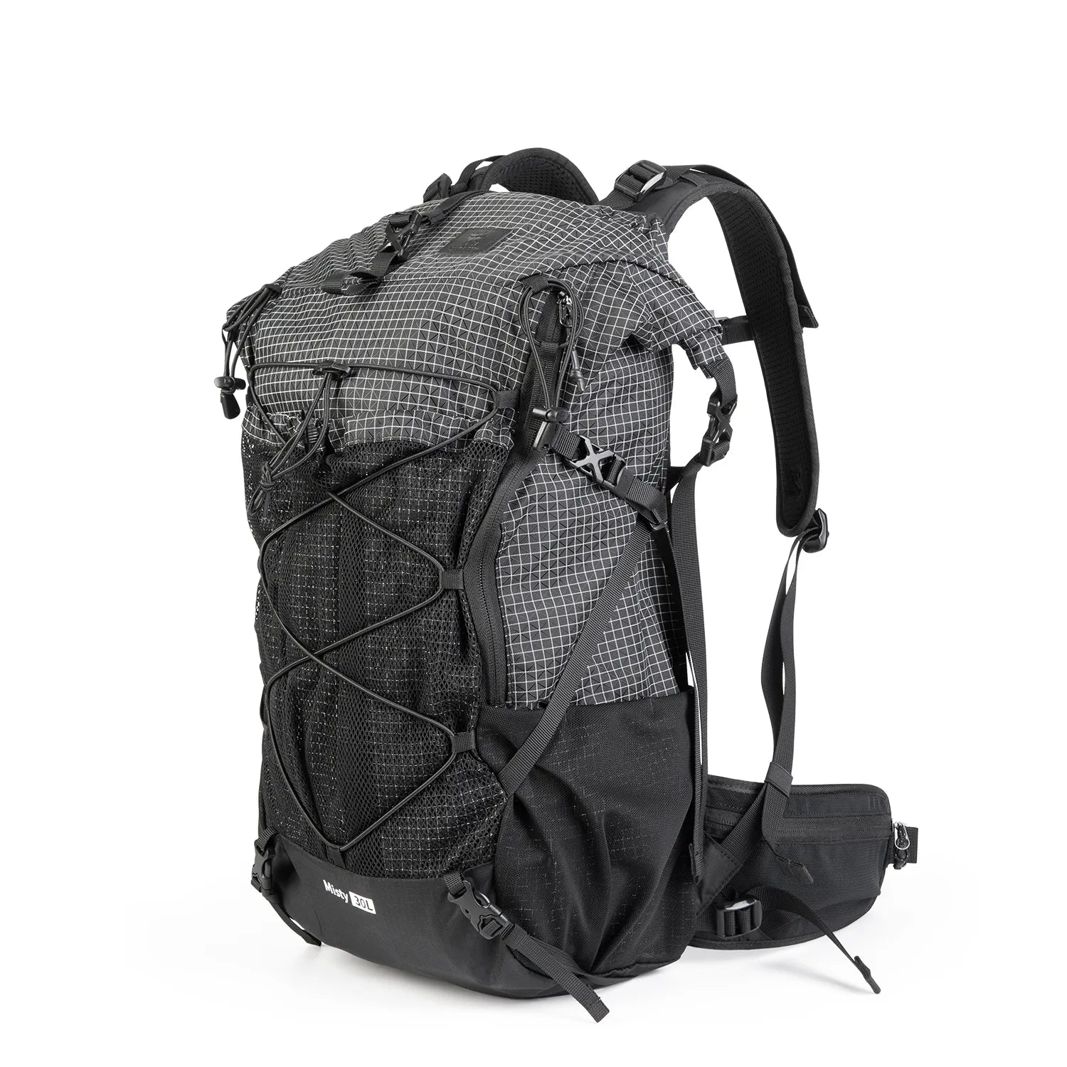 A black waterproof backpack with two mesh pockets on the side for hiking