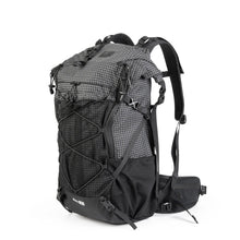 A black waterproof backpack with two mesh pockets on the side for hiking