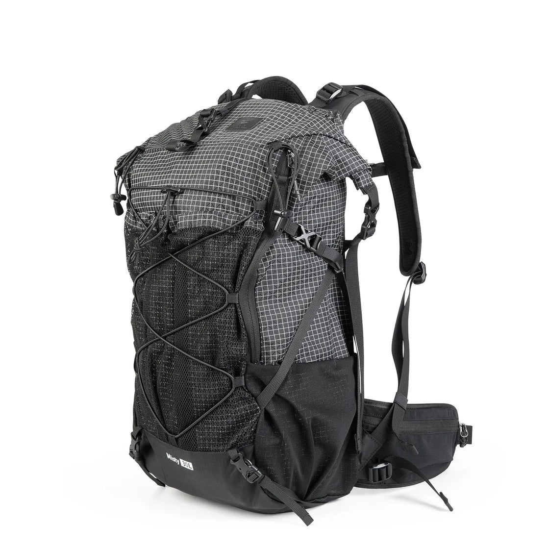 A black waterproof backpack with two mesh pockets on the side for hiking
