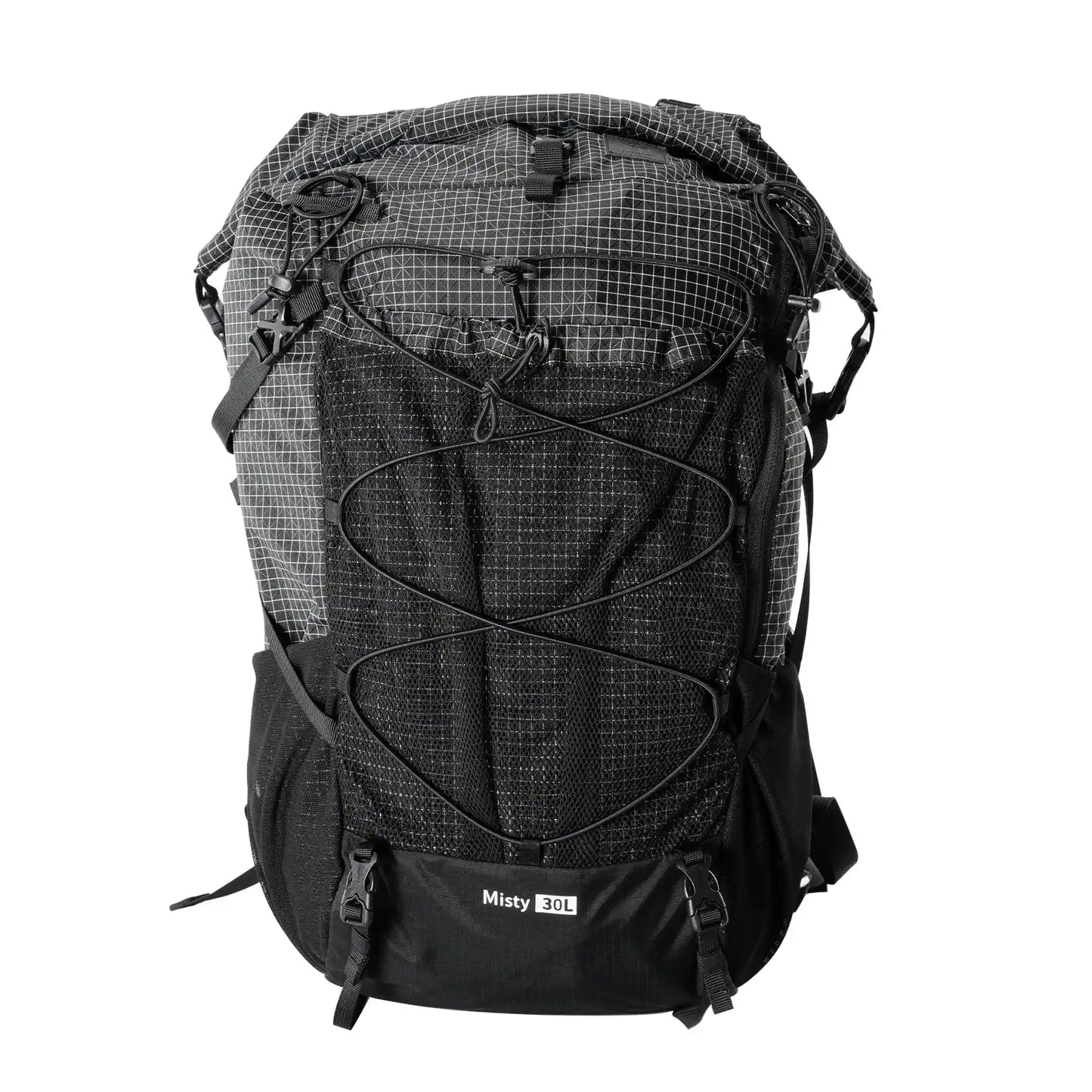 A black waterproof backpack with two mesh pockets on the side for hiking