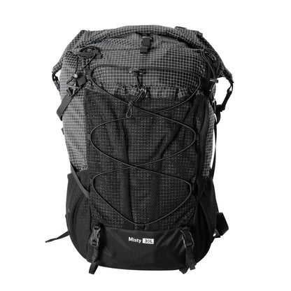A black waterproof backpack with two mesh pockets on the side for hiking