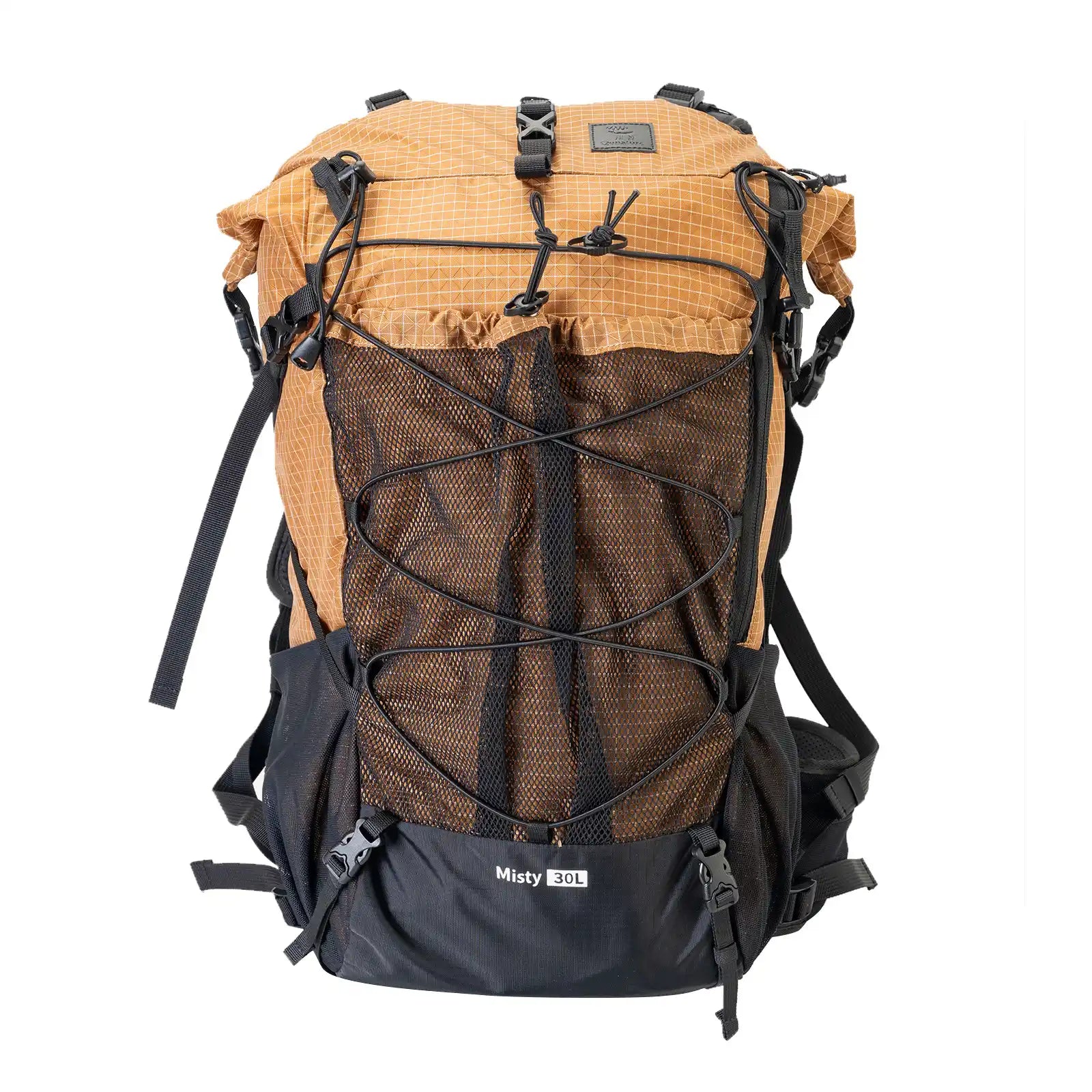 A khaki waterproof backpack with two mesh pockets on the side for hiking