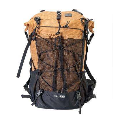 A khaki waterproof backpack with two mesh pockets on the side for hiking