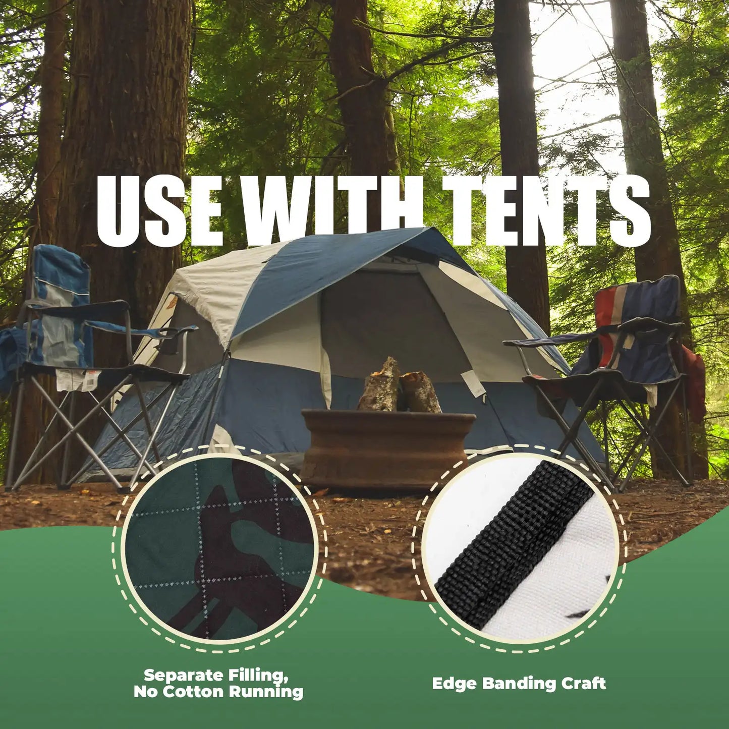 Camping scene with tents, chairs, and a fire pit in a forest setting.