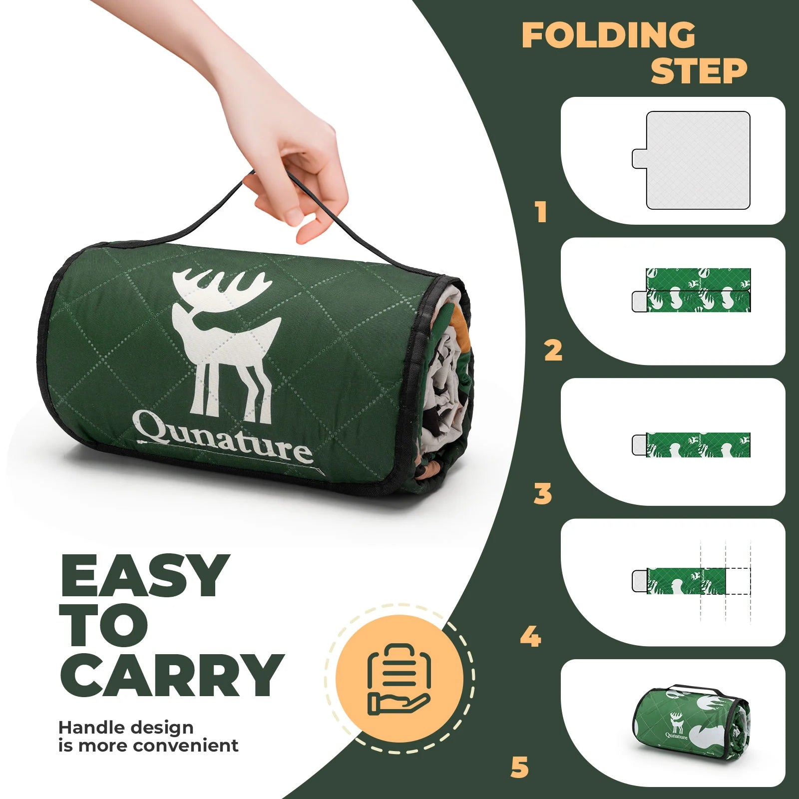 Green quilted bag with deer design and 'Qunature' branding, shown being folded and held by a hand.
