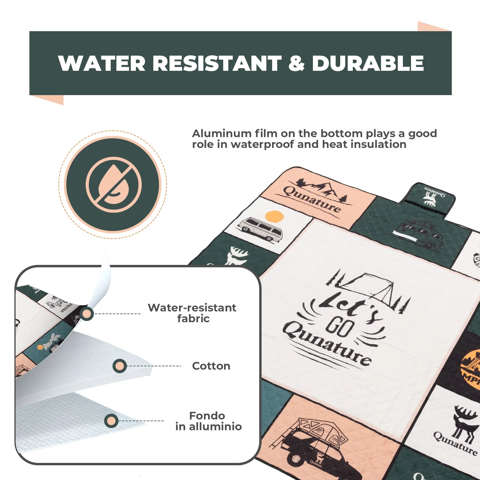 Product packaging with 'Let's Go Qunature' branding, showing water-resistant and durable features.