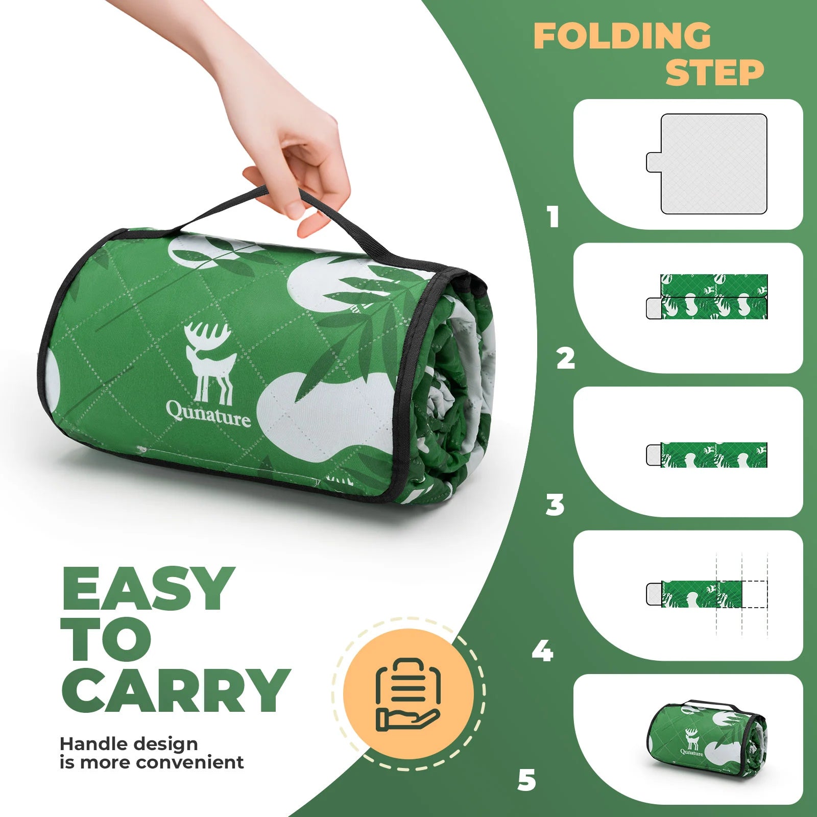 Green quilt with handle design, Qunature branding, and folding steps illustration.