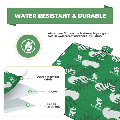 Green fabric with white patterns and text highlighting water resistance and durability.