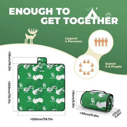 Green camping blanket with patterns and dimensions on a green background