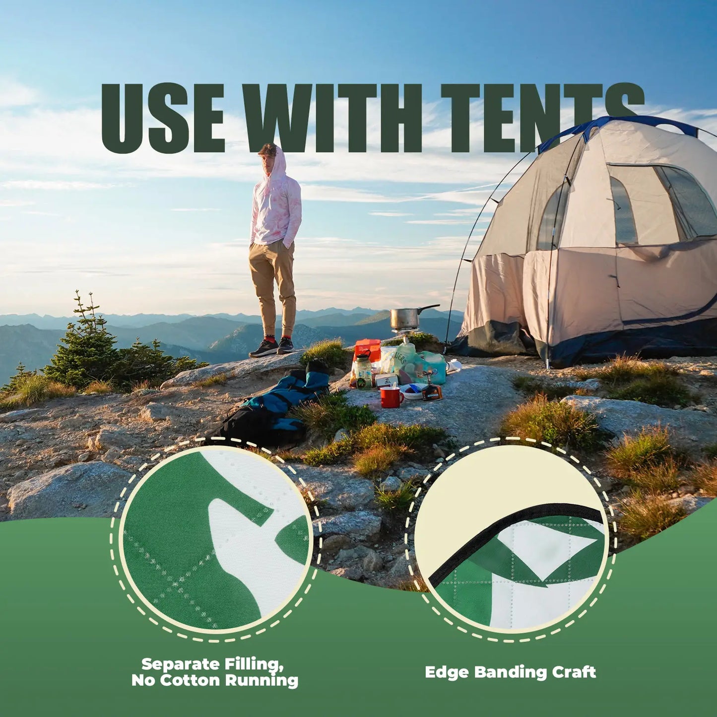 Camping scene with a tent on a mountain top, featuring text about tent usage and product features.
