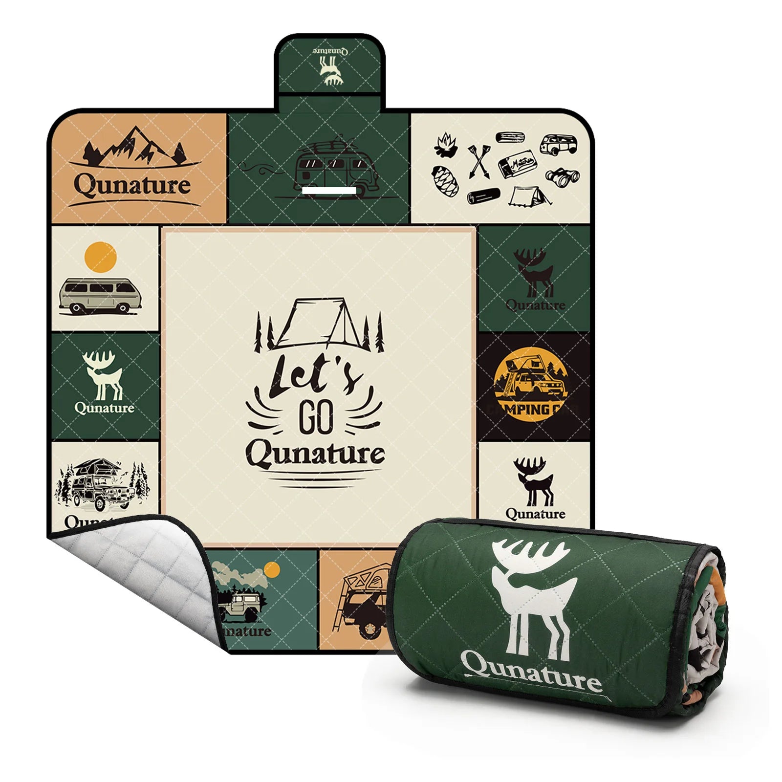 A Qunature branded outdoor picnic mat with a patterned design featuring elements like mountains, trees, and camping gear, in green, beige, and other colors.