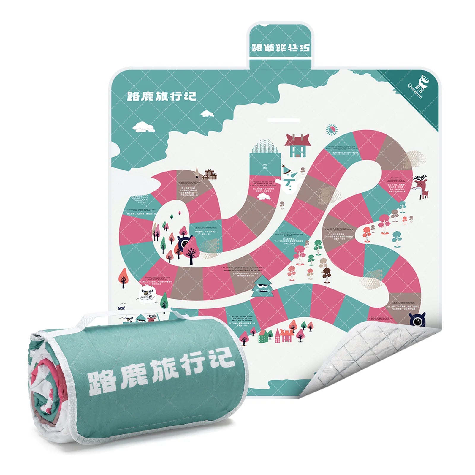 A Qunature branded outdoor picnic mat with a patterned design featuring elements like mountains, trees, and camping gear, in green, beige, and other colors.