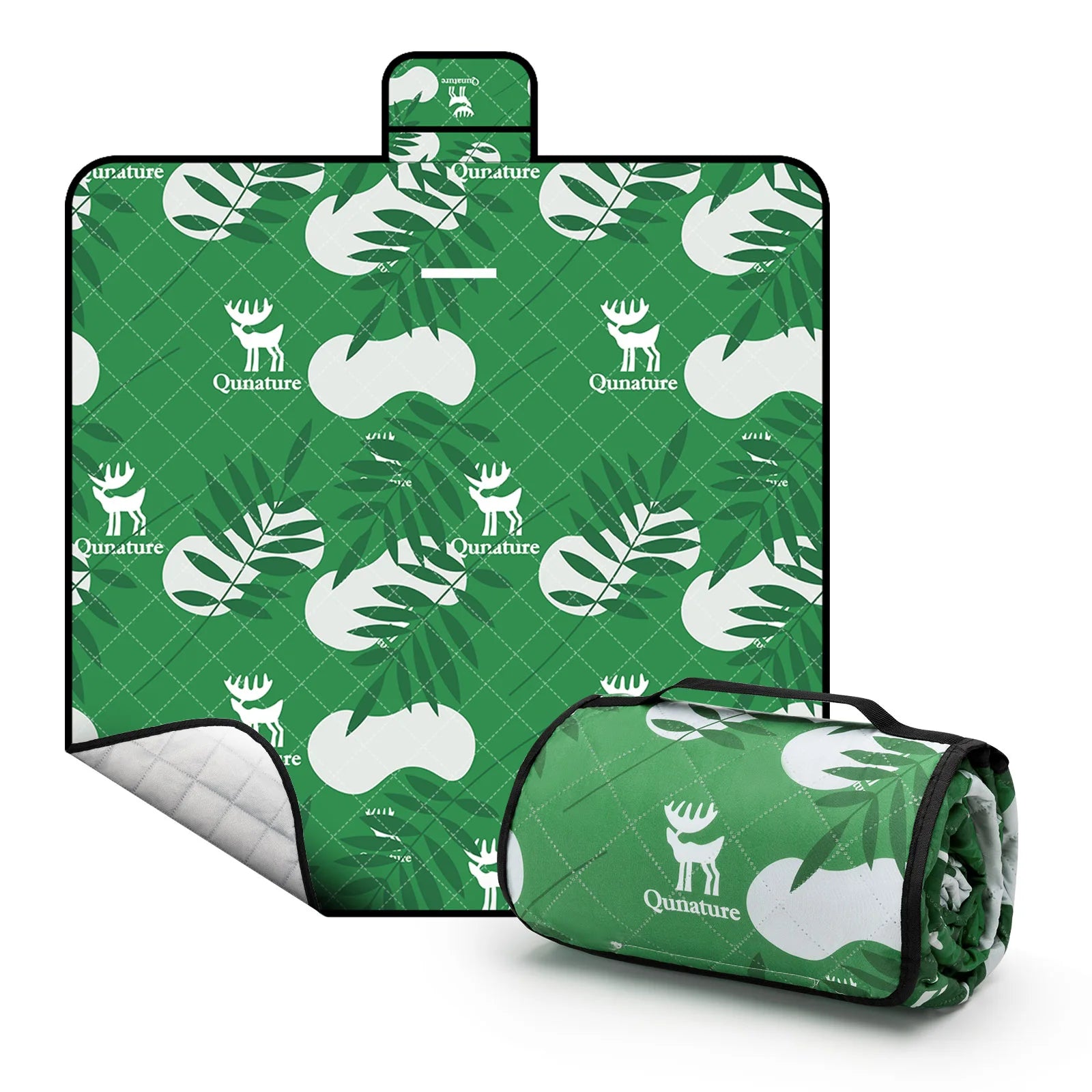 A Qunature branded outdoor picnic mat with a patterned design featuring elements like mountains, trees, and camping gear, in green, beige, and other colors.