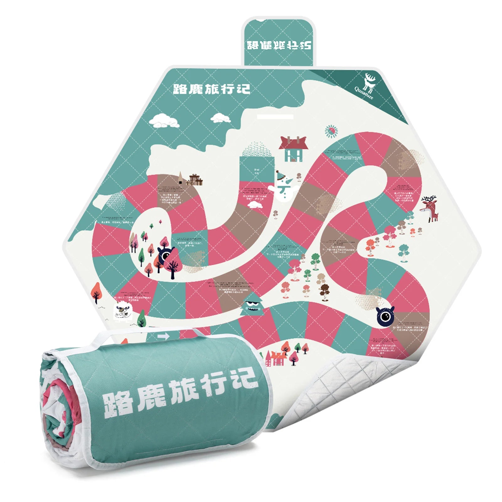 A Qunature branded outdoor picnic mat with a patterned design featuring elements like mountains, trees, and camping gear, in green, beige, and other colors.