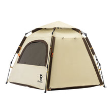 Beige camping tent with a dark brown door on a white background