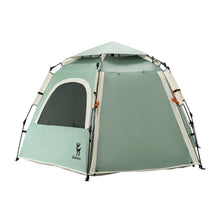 Green tent with a brand logo on a white background