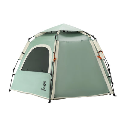 Green tent with a brand logo on a white background
