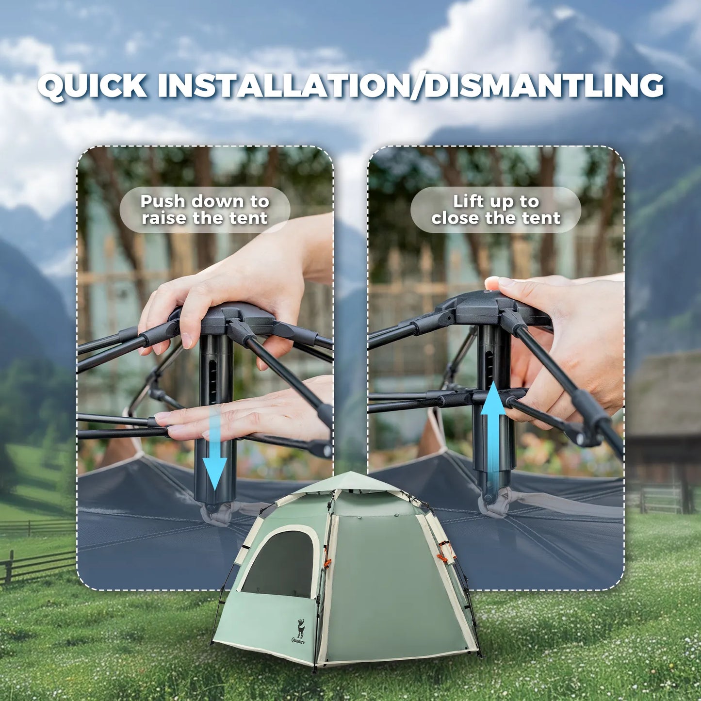 Instructions for setting up and closing a camping tent with hands demonstrating actions.