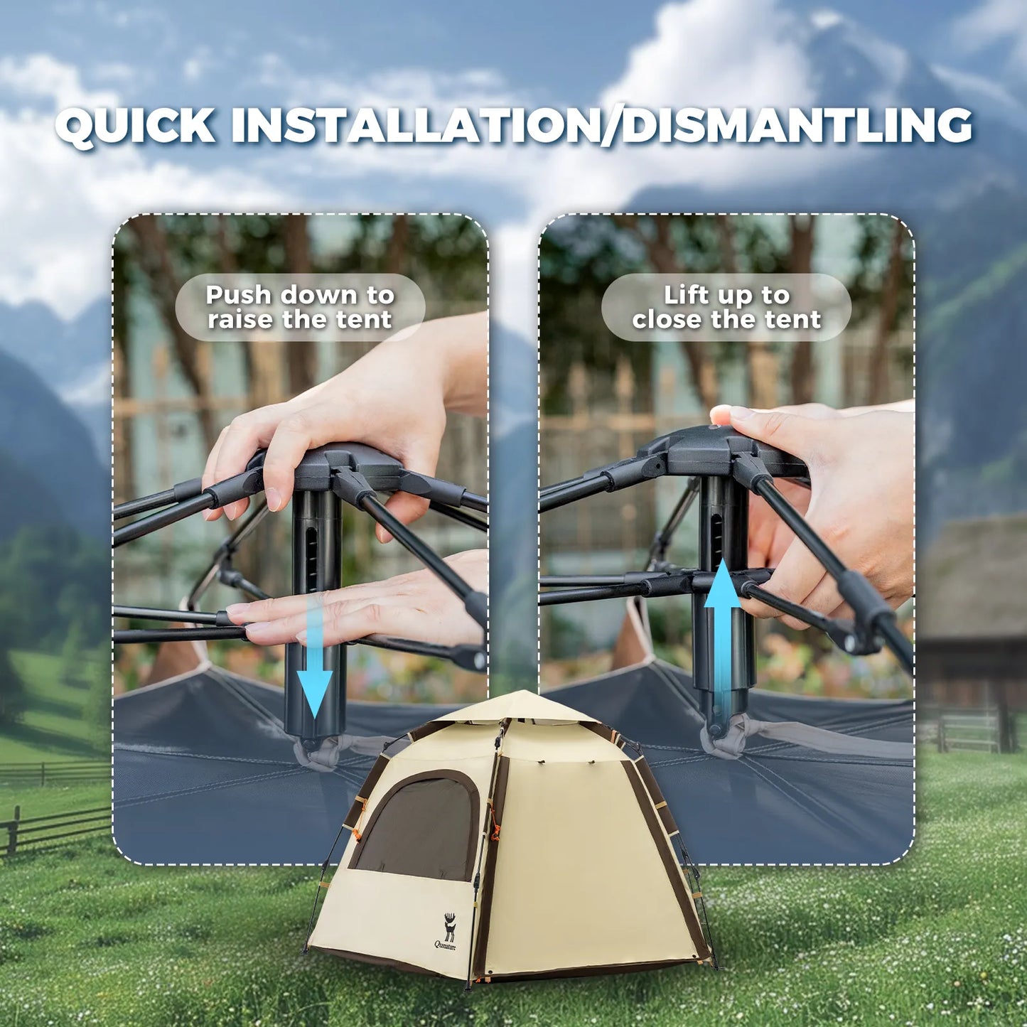 Instructions for setting up and closing a tent with a scenic background