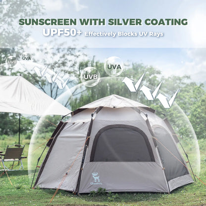 Tent with sunscreen with silver coating and UV blocking features in a camping setting.