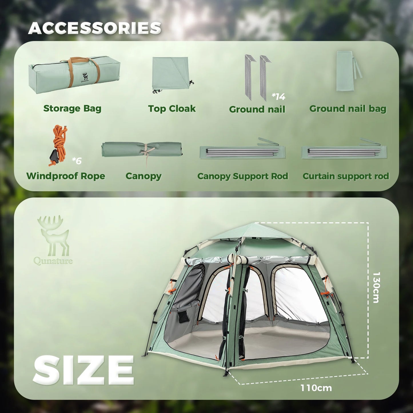 Product card with camping tent accessories and specifications on a green background