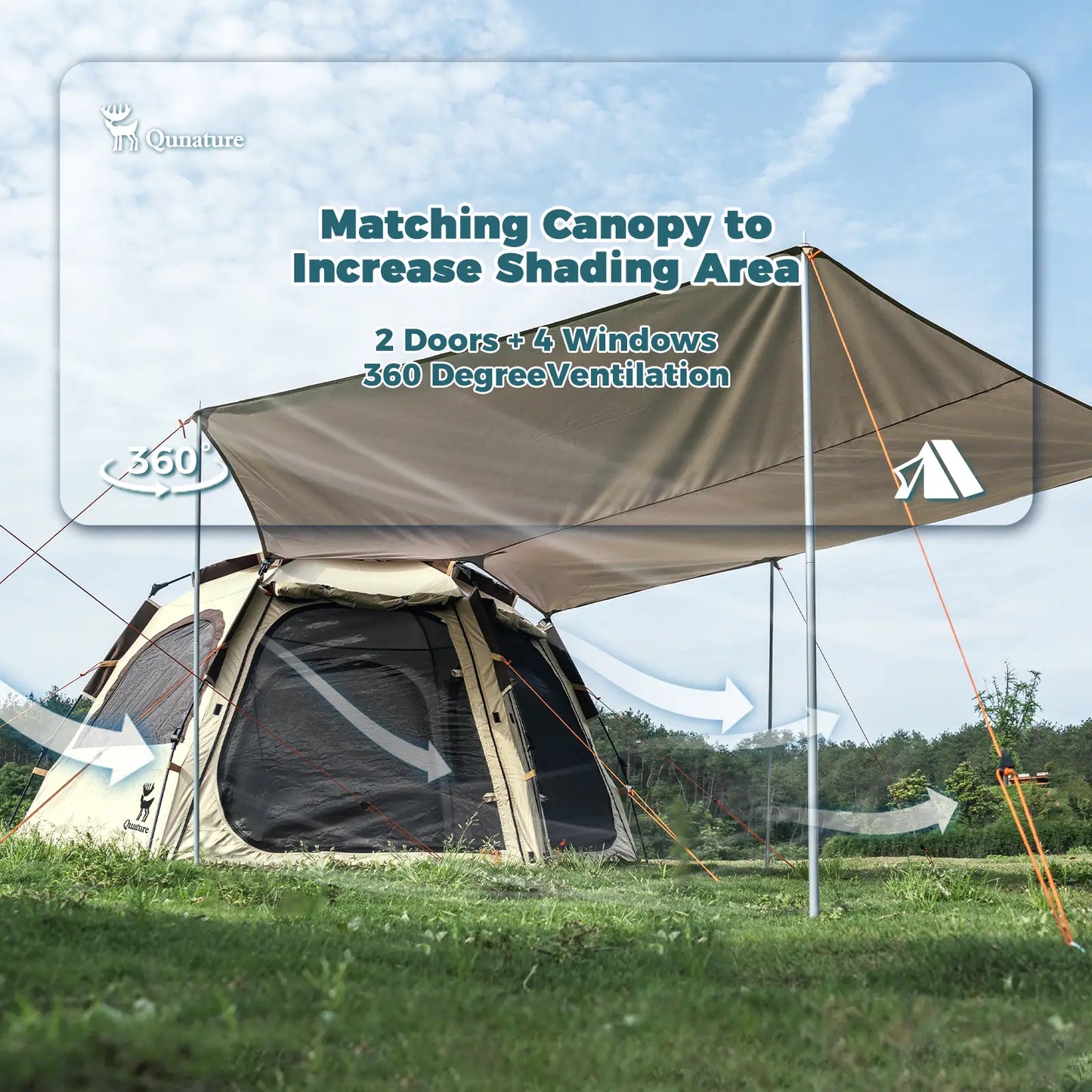 Camping tent with matching canopy in an outdoor setting