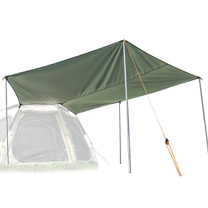 Green camping tent with a white mesh side panel on a white background