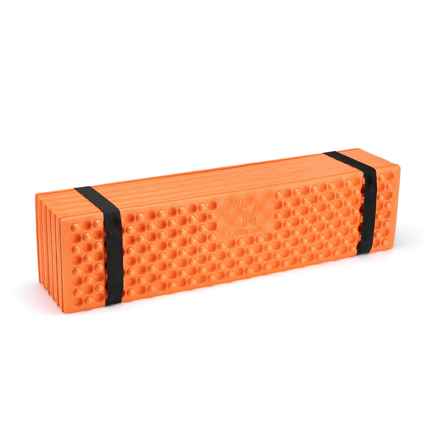 Orange foam roller with black straps on a white background