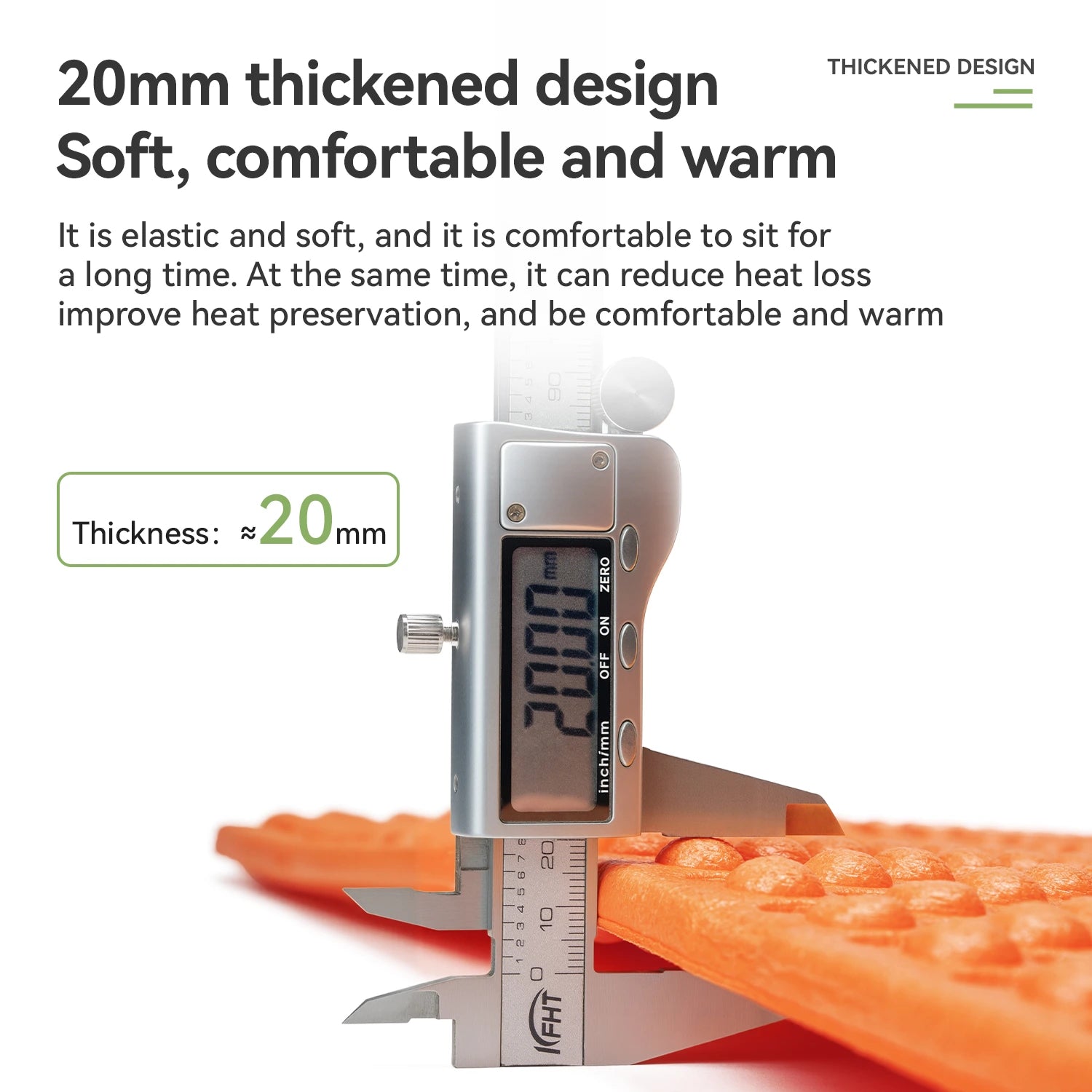 Digital caliper measuring a thick orange material with text about thickness and comfort.