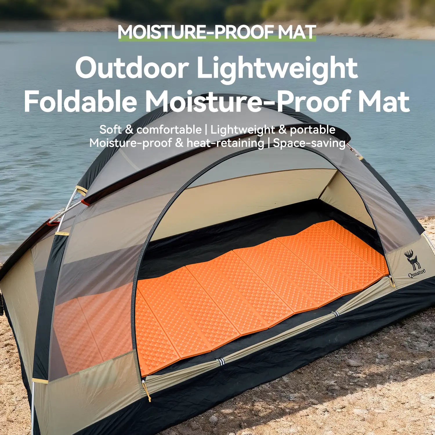 Outdoor lightweight foldable moisture-proof mat on a tent with water and trees in the background