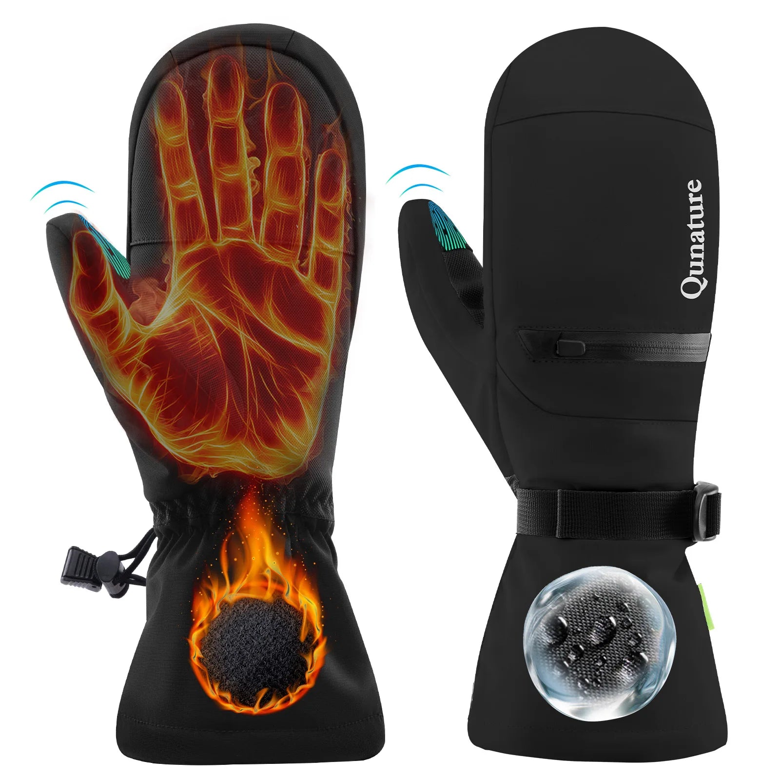 Black gloves with flame and water droplet designs on a white background, featuring the brand 'Qunature'.