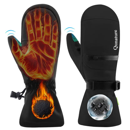 Black gloves with flame and water droplet designs on a white background, featuring the brand 'Qunature'.